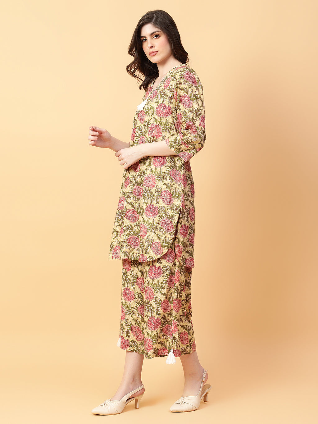Beige Cotton Printed & Hand Work Co-ord Set (Set of 2)
