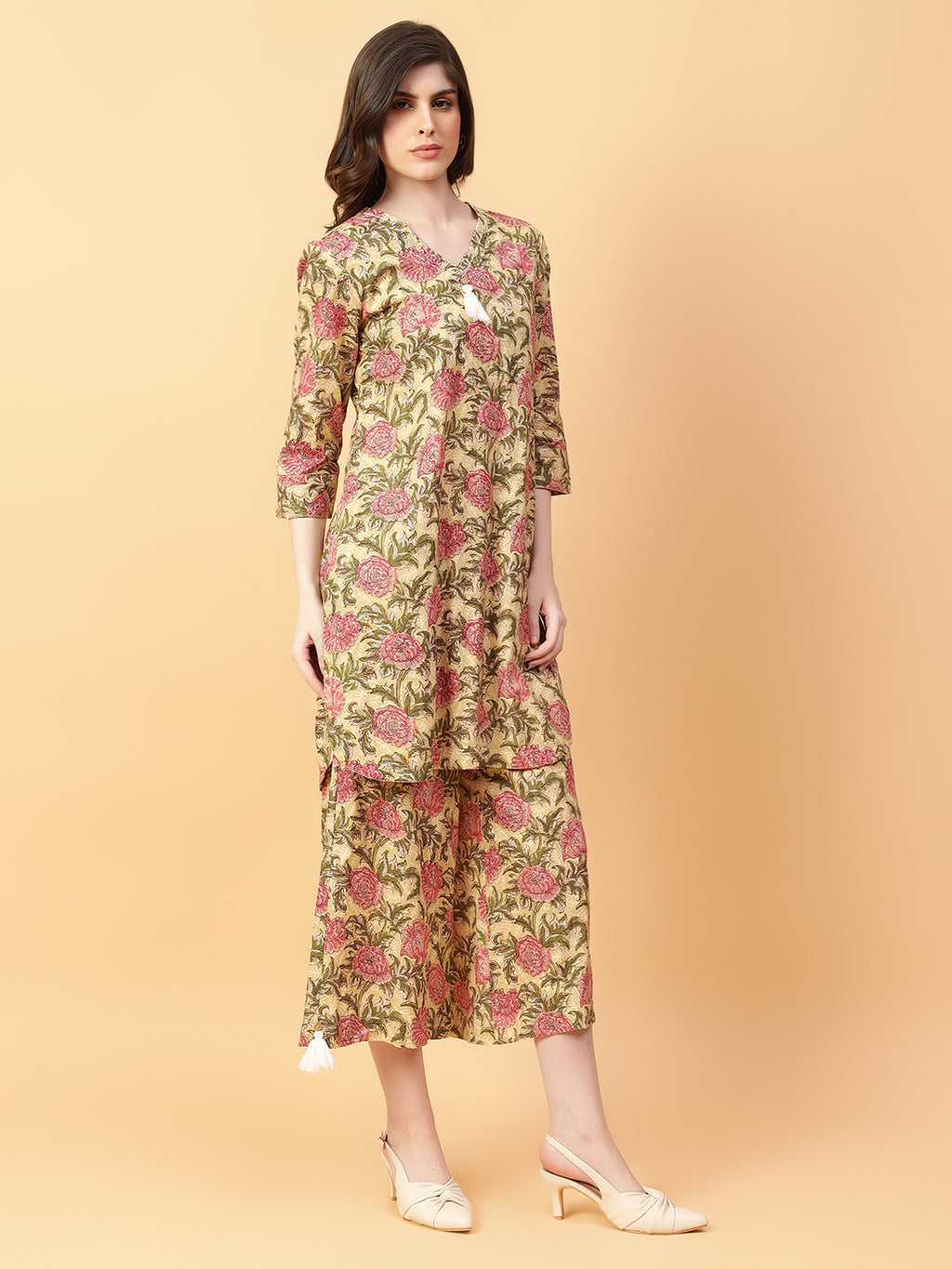 Beige Cotton Printed & Hand Work Co-ord Set (Set of 2)