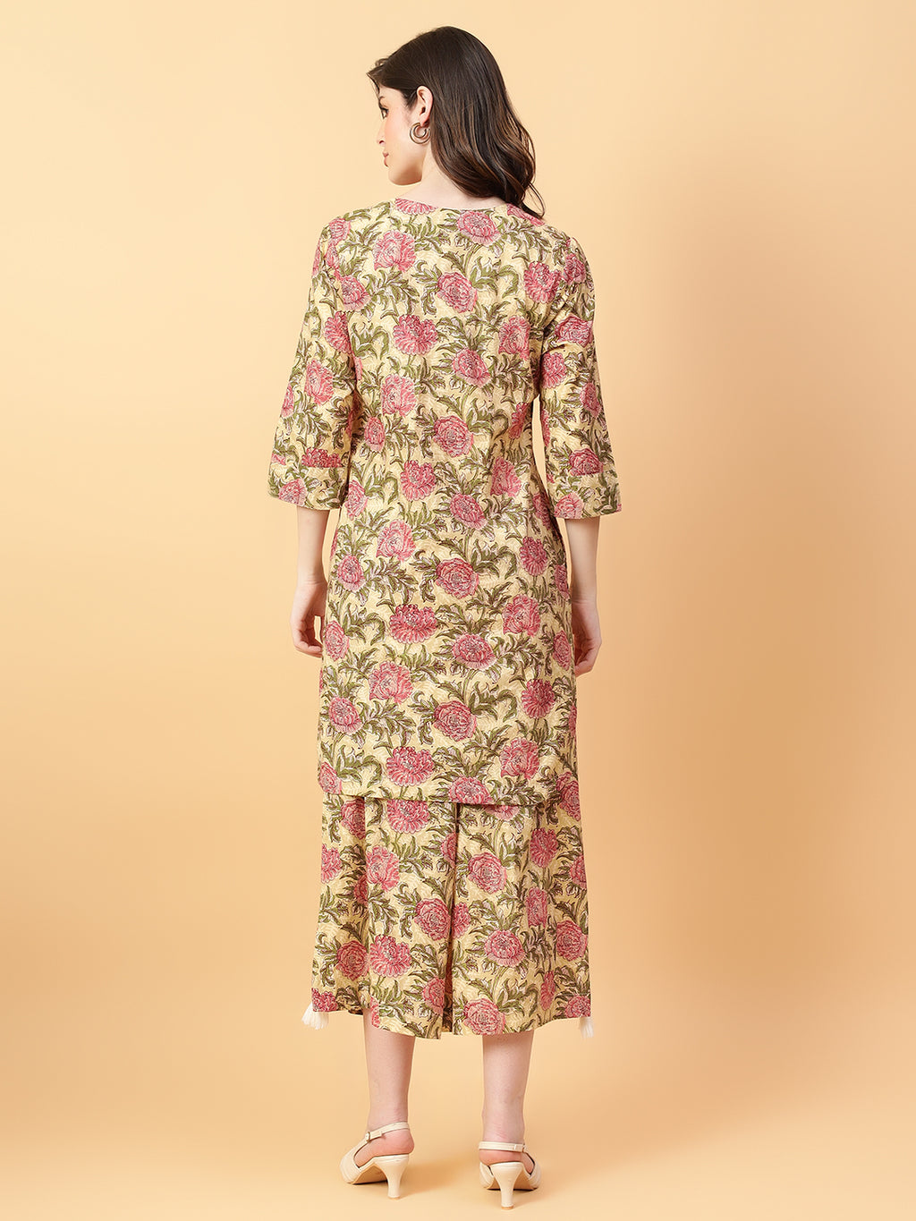 Beige Cotton Printed & Hand Work Co-ord Set (Set of 2)