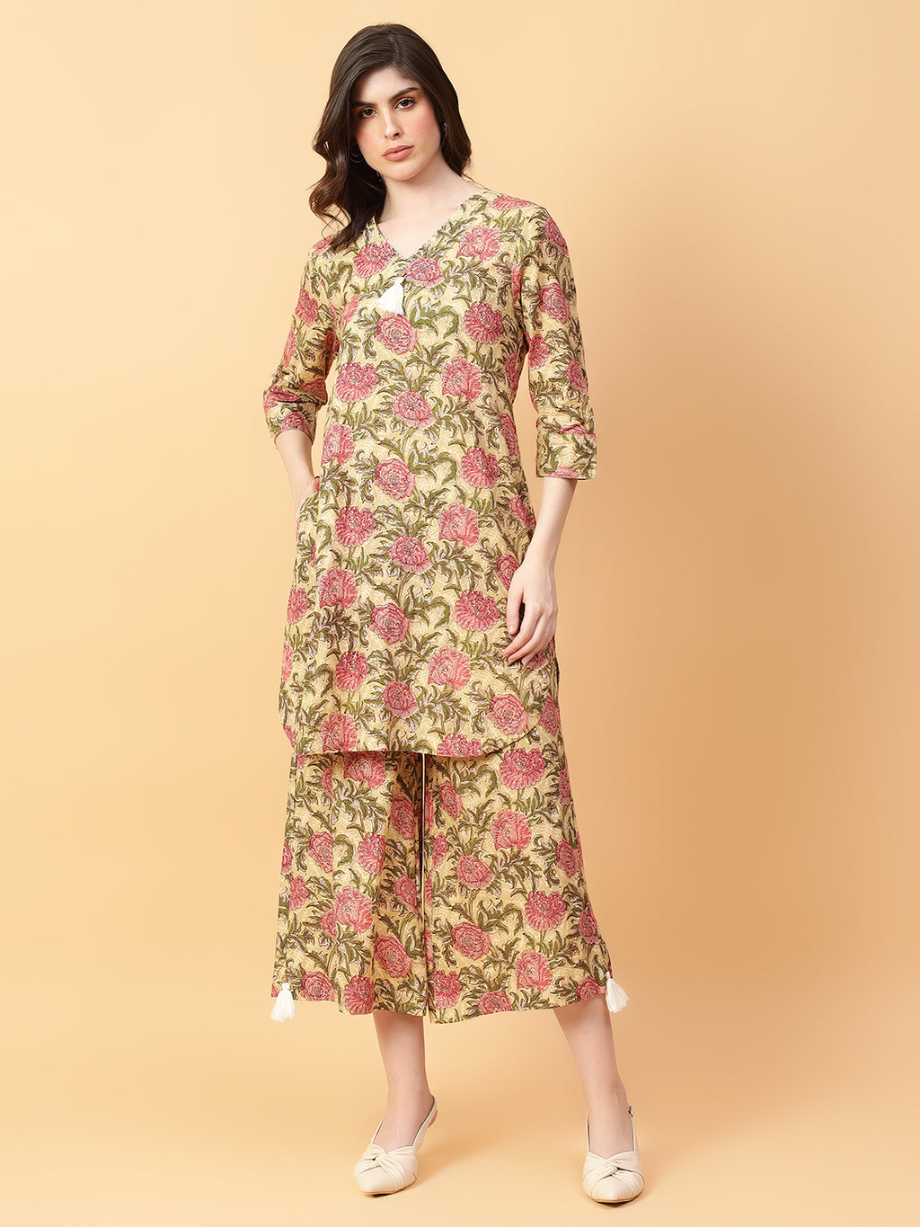 Beige Cotton Printed & Hand Work Co-ord Set (Set of 2)