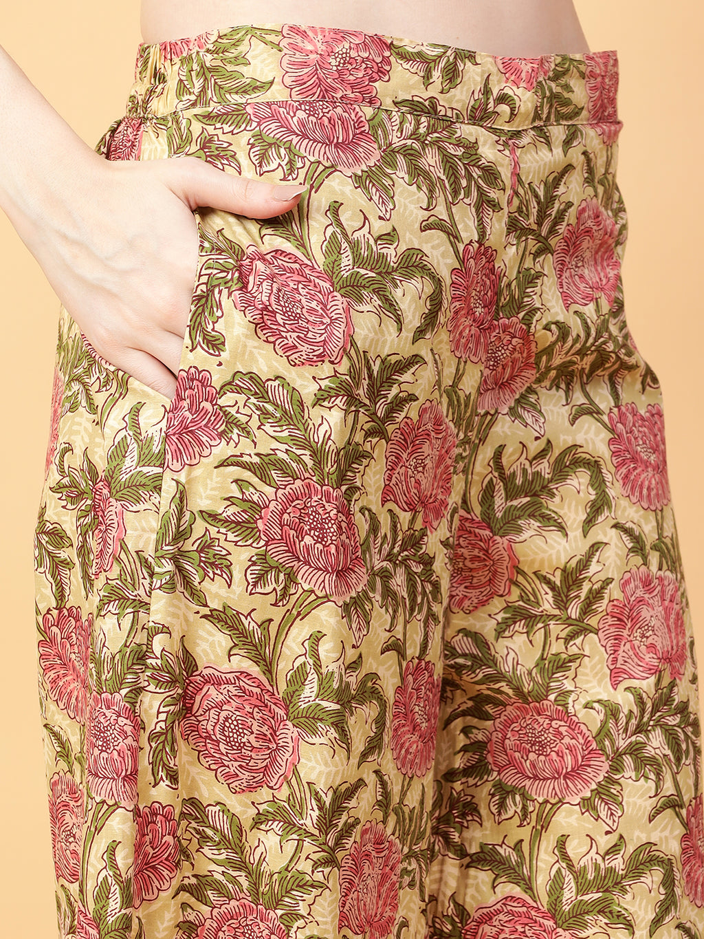 Beige Cotton Printed & Hand Work Co-ord Set (Set of 2)