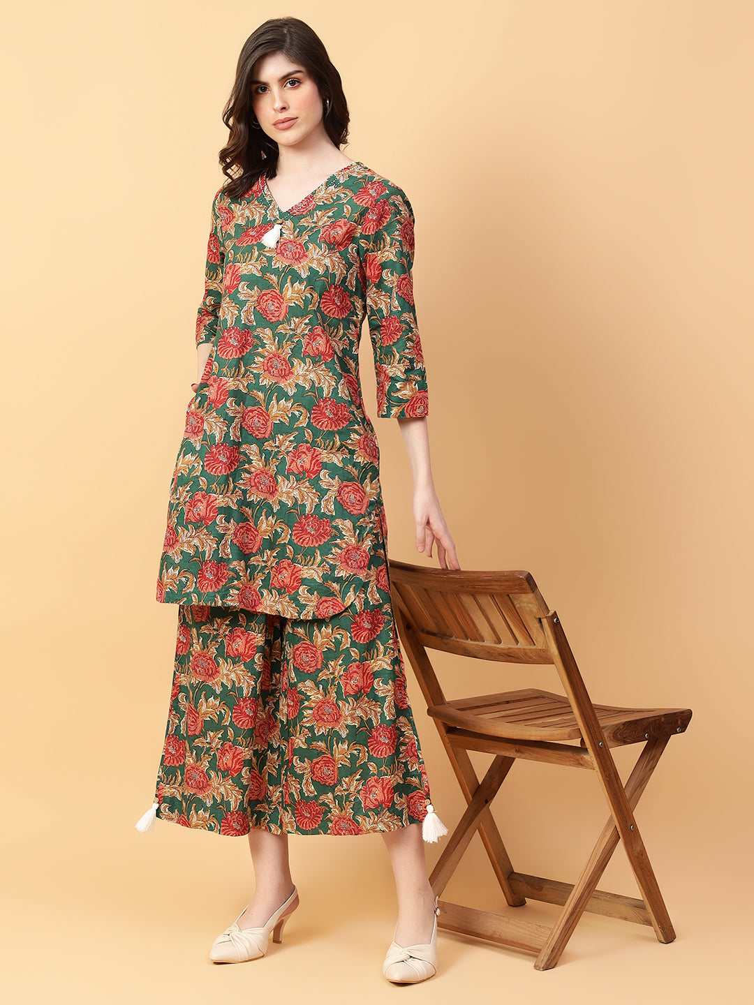 Green Cotton Printed & Hand Work Co-Ord Set (Set of 2)