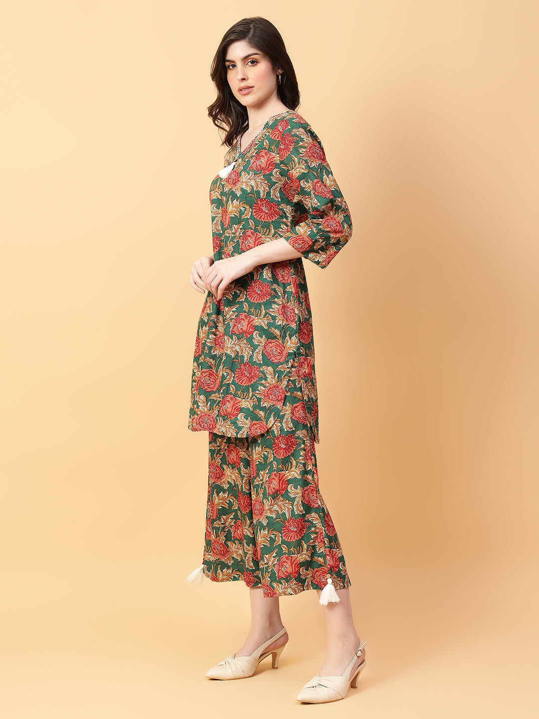 Green Cotton Printed & Hand Work Co-Ord Set (Set of 2)