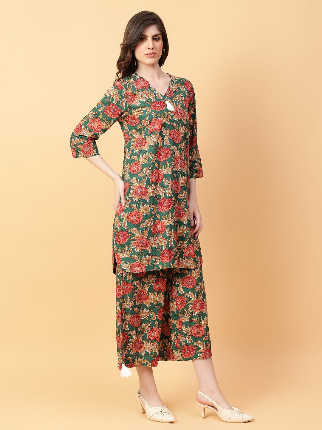 Green Cotton Printed & Hand Work Co-Ord Set (Set of 2)