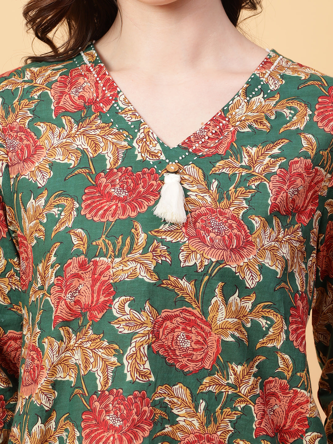 Green Cotton Printed & Hand Work Co-Ord Set (Set of 2)