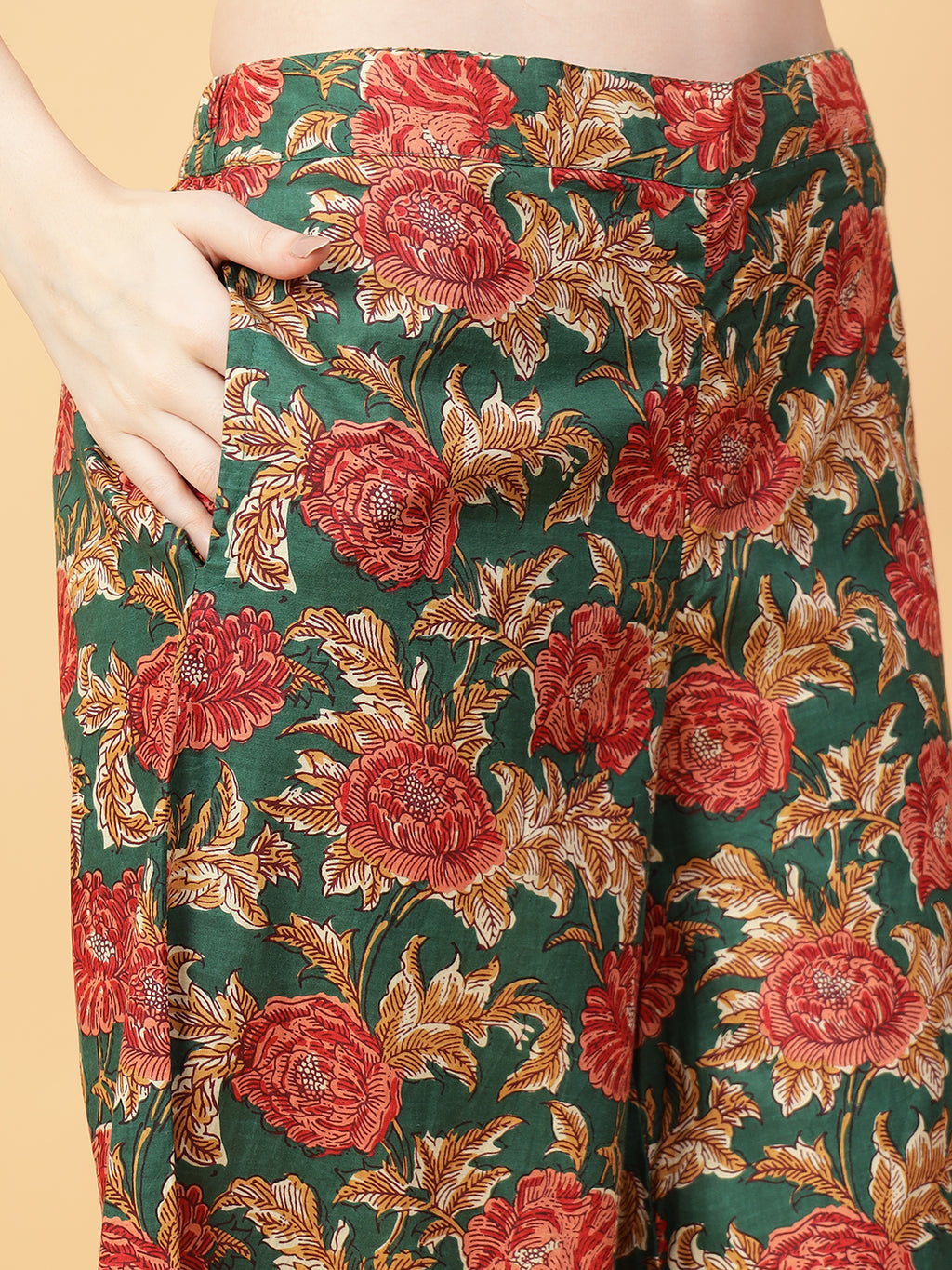 Green Cotton Printed & Hand Work Co-Ord Set (Set of 2)