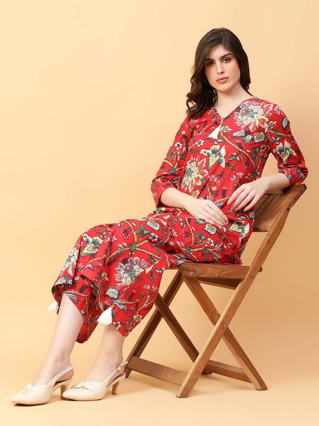 Red Cotton Printed & Hand Work Co-ord Set (Set of 2)