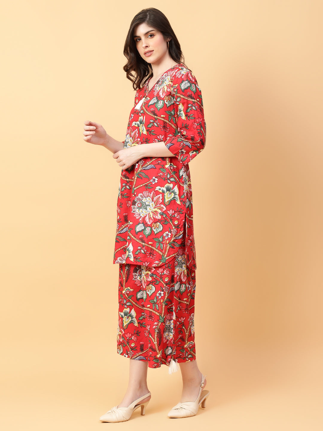 Red Cotton Printed & Hand Work Co-ord Set (Set of 2)