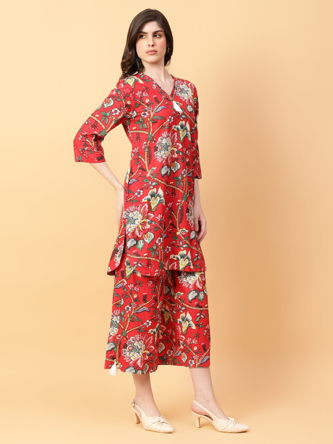 Red Cotton Printed & Hand Work Co-ord Set (Set of 2)