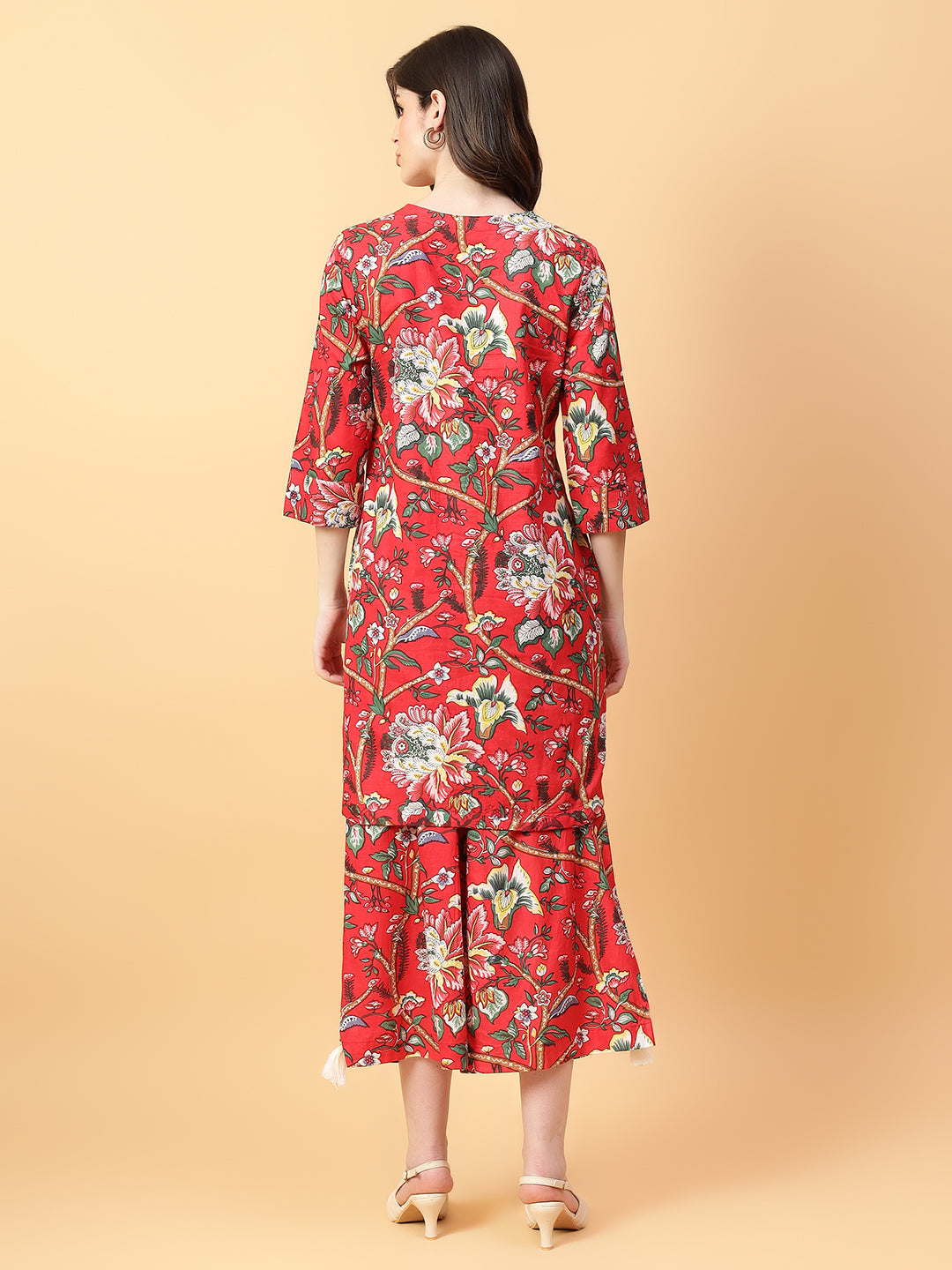 Red Cotton Printed & Hand Work Co-ord Set (Set of 2)