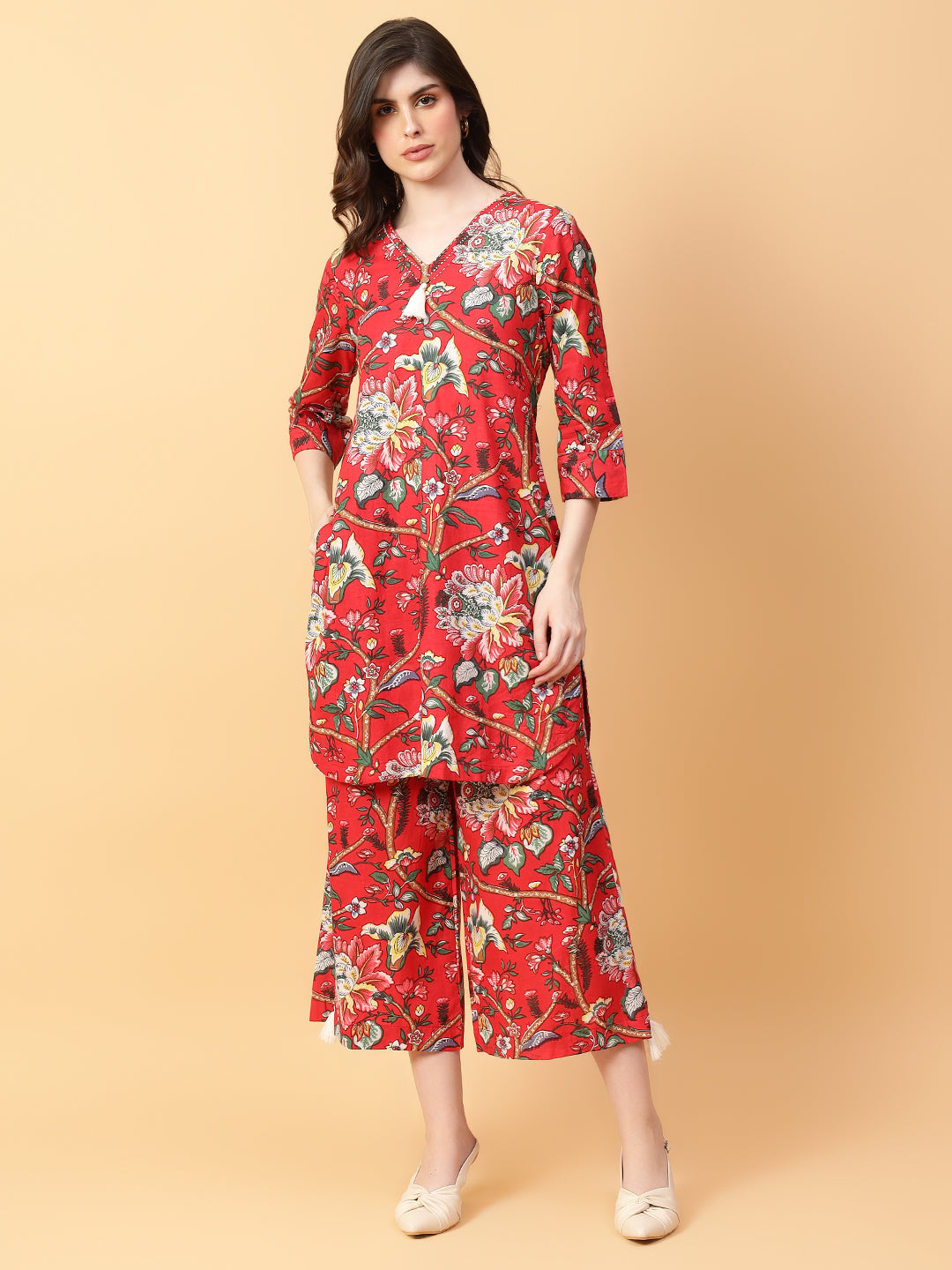 Red Cotton Printed & Hand Work Co-ord Set (Set of 2)