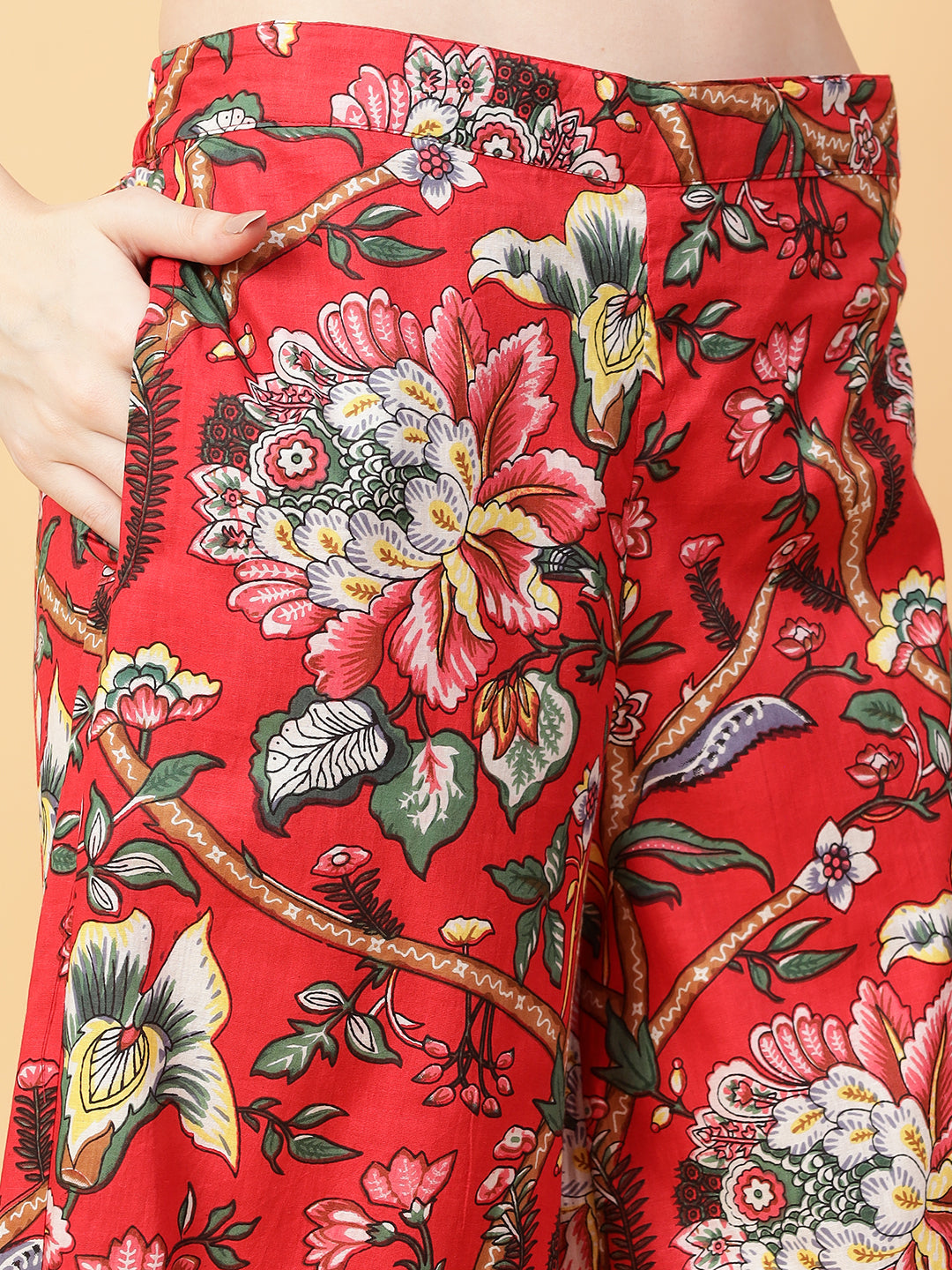 Red Cotton Printed & Hand Work Co-ord Set (Set of 2)