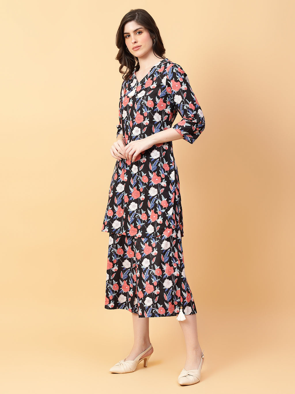 Black Cotton Printed & Hand Work Co-ord Set (Set of 2)