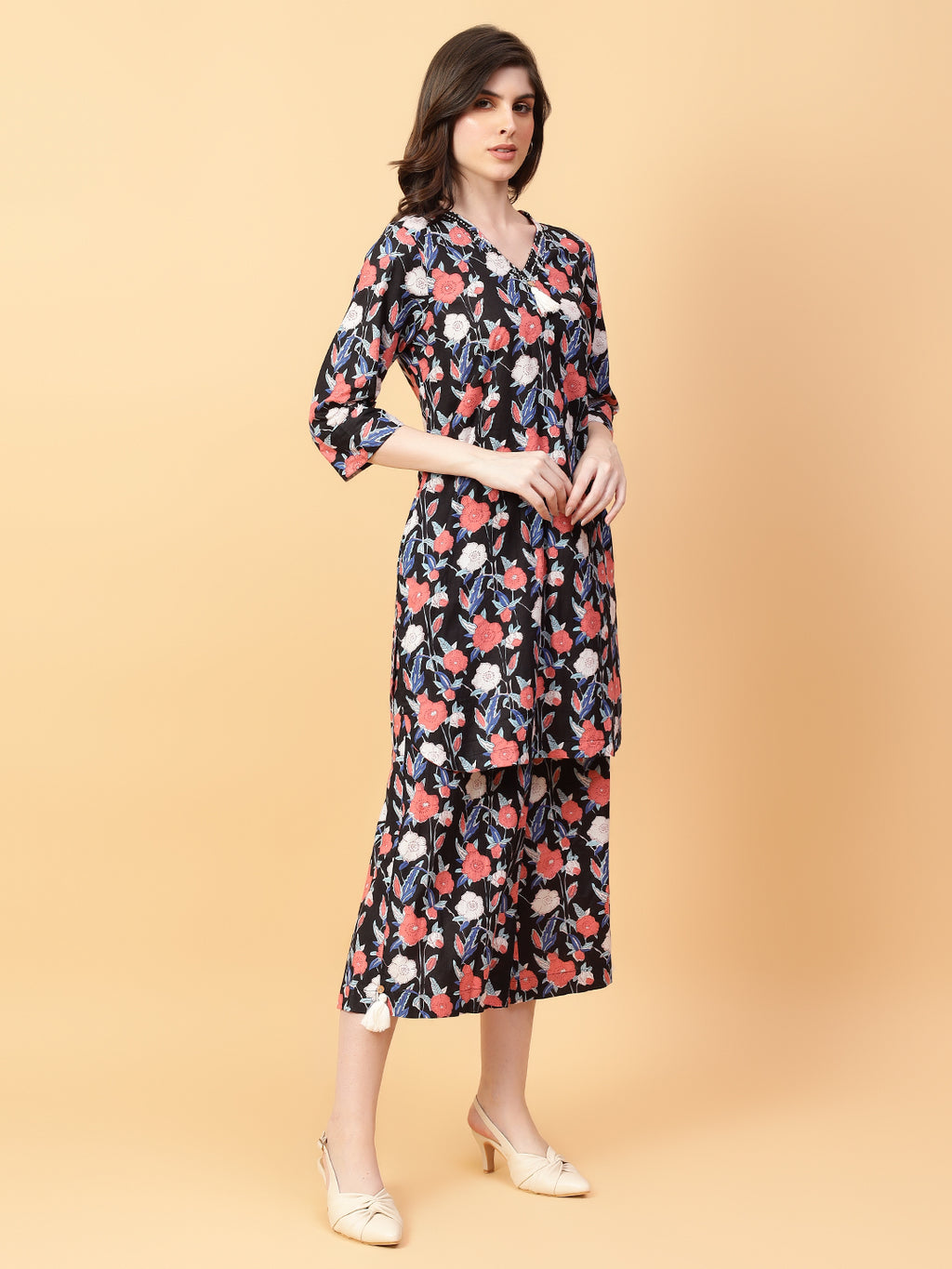 Black Cotton Printed & Hand Work Co-ord Set (Set of 2)