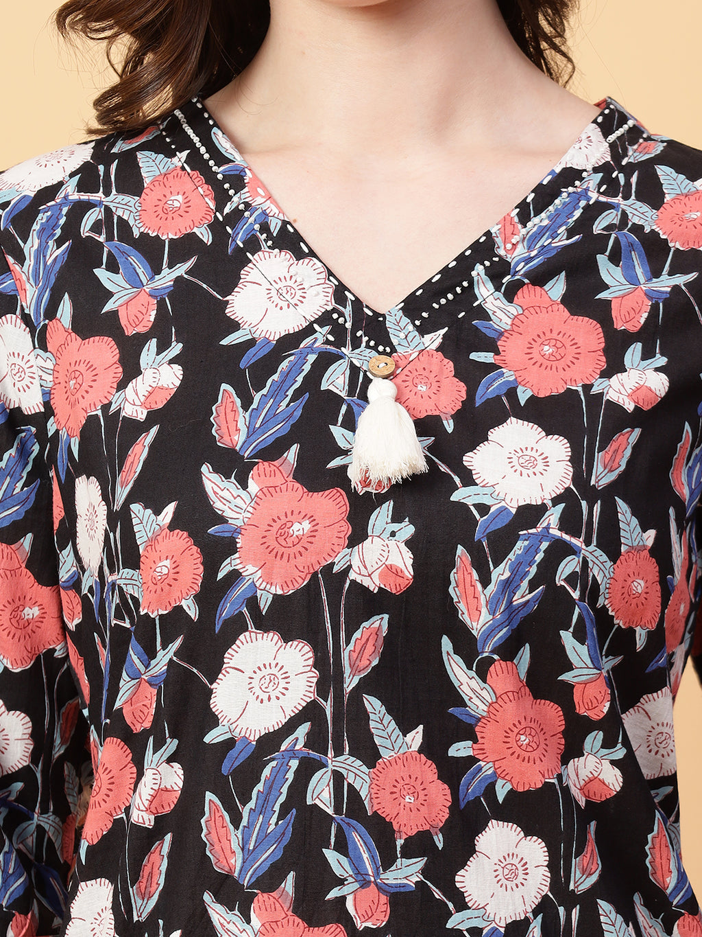 Black Cotton Printed & Hand Work Co-ord Set (Set of 2)