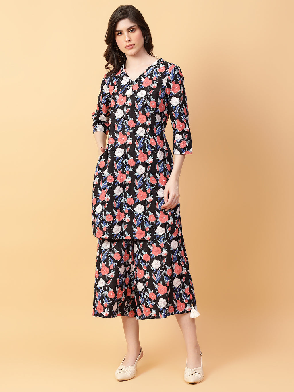 Black Cotton Printed & Hand Work Co-ord Set (Set of 2)