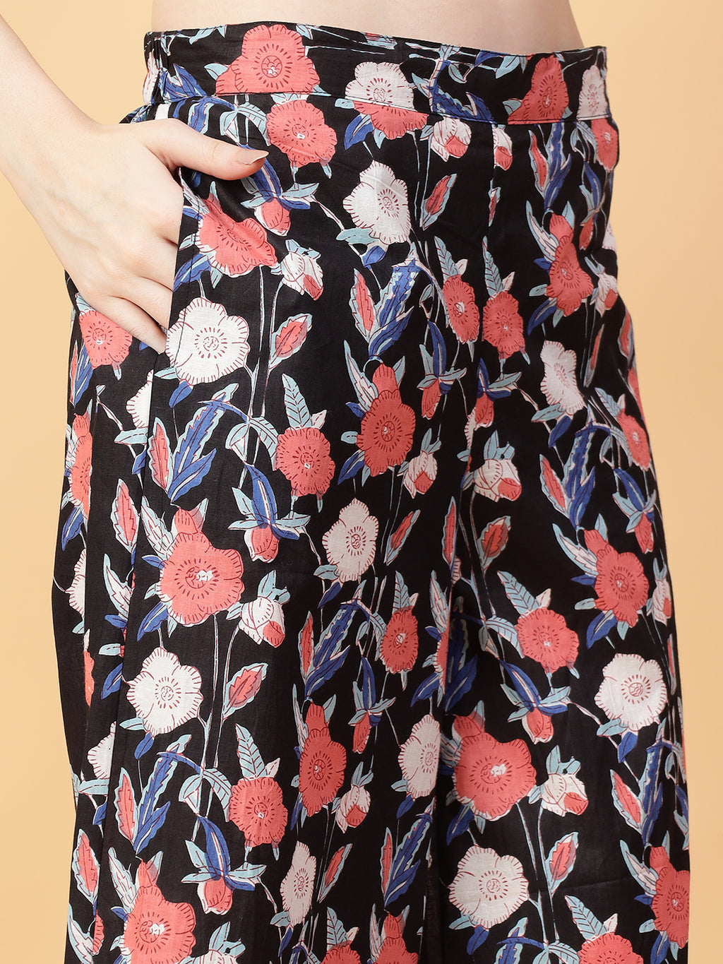 Black Cotton Printed & Hand Work Co-ord Set (Set of 2)