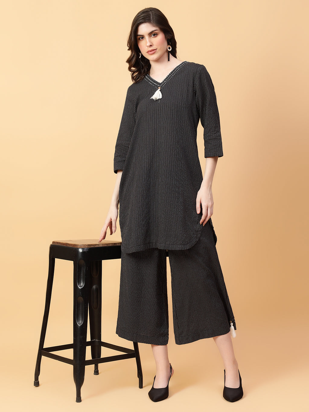 Black Cotton Khatha & Hand Work Co-ord Set (Set of 2)