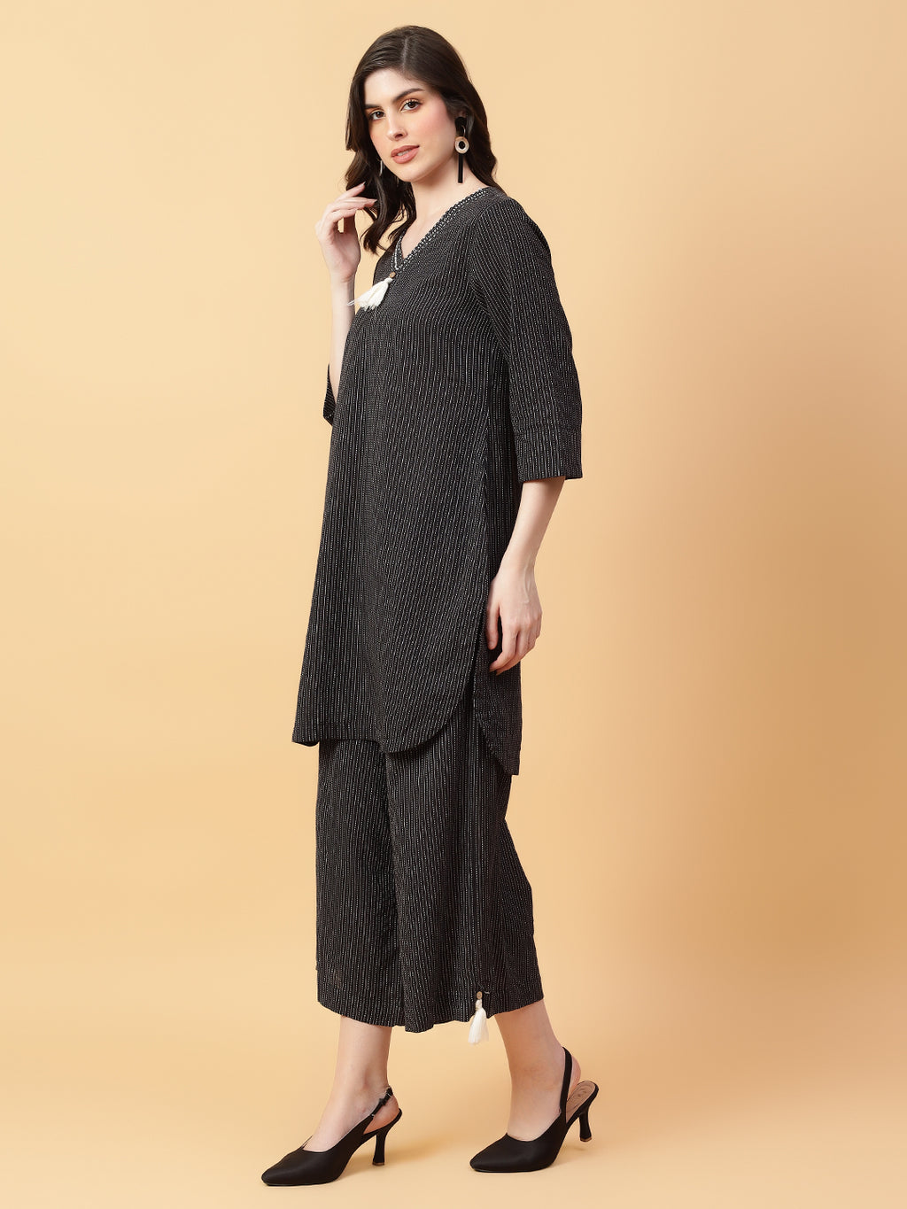 Black Cotton Khatha & Hand Work Co-ord Set (Set of 2)