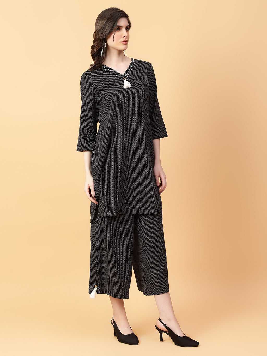 Black Cotton Khatha & Hand Work Co-ord Set (Set of 2)