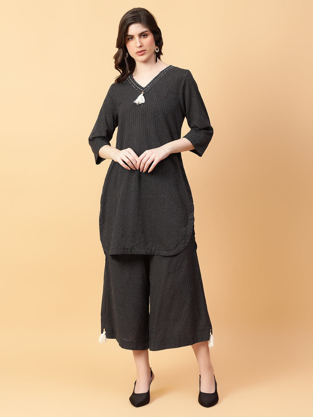 Black Cotton Khatha & Hand Work Co-ord Set (Set of 2)