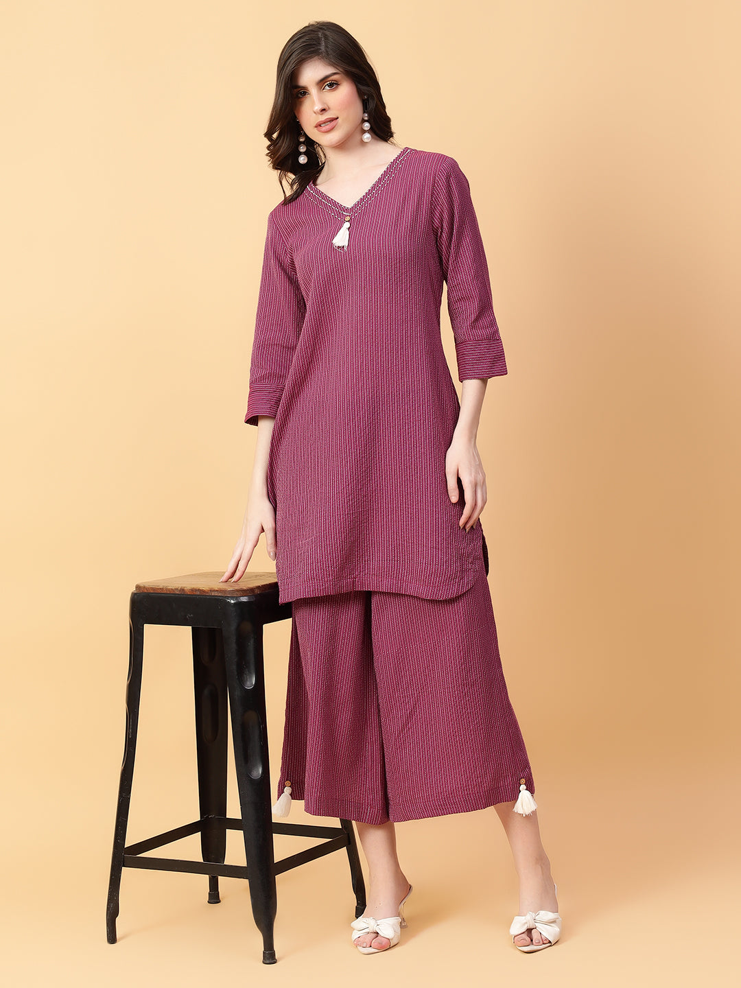 Purple Cotton Khatha & Hand Work Co-ord Set (Set of 2)