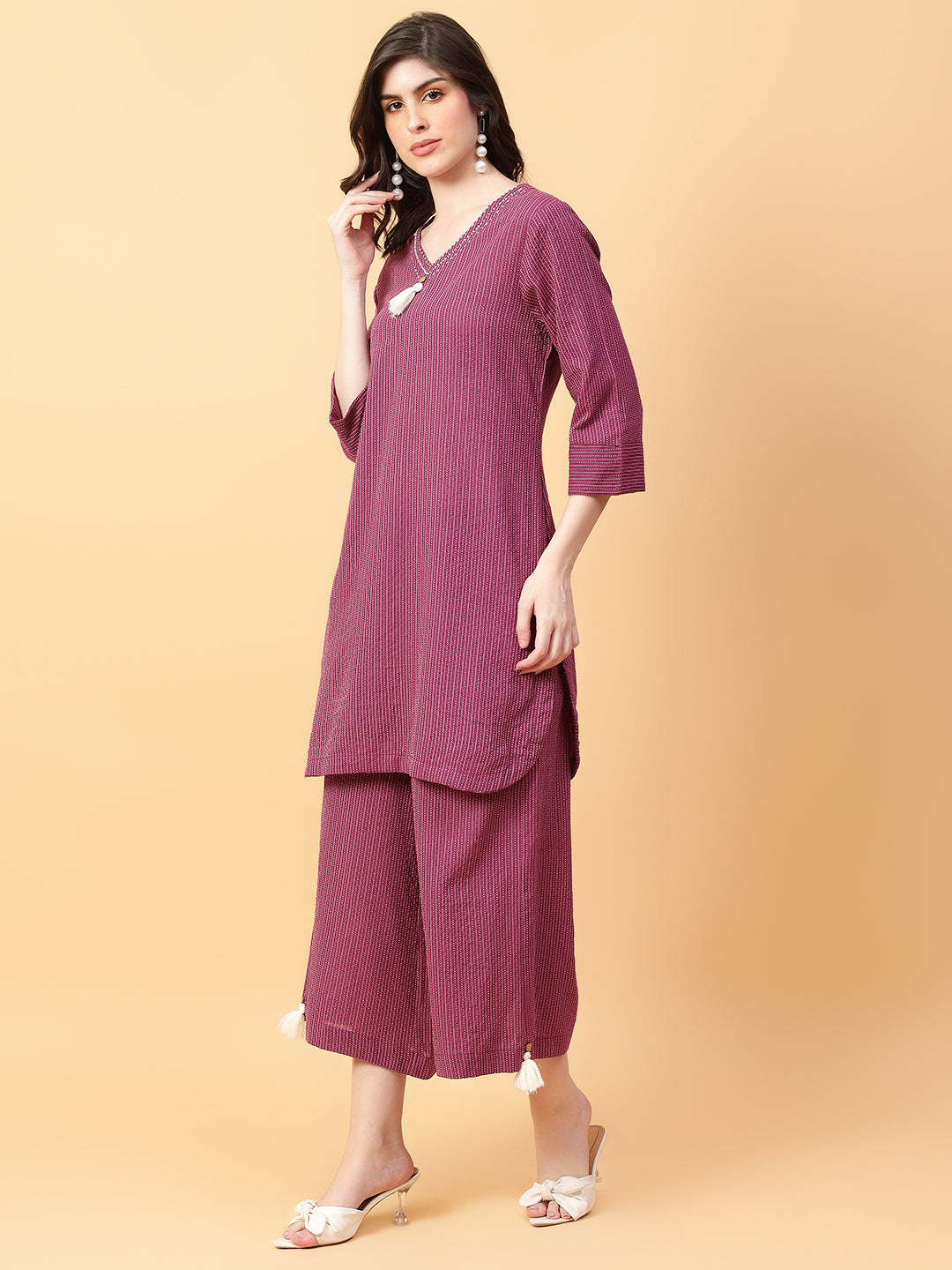 Purple Cotton Khatha & Hand Work Co-ord Set (Set of 2)