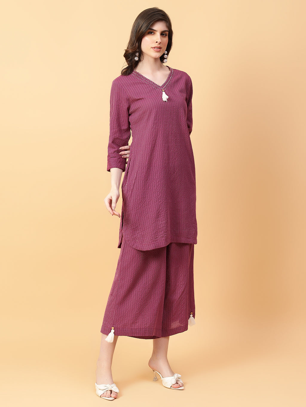 Purple Cotton Khatha & Hand Work Co-ord Set (Set of 2)