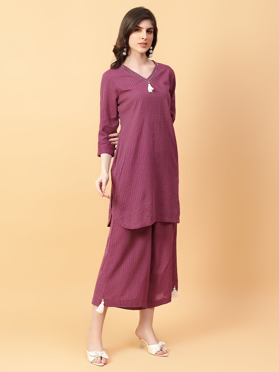 Purple Cotton Khatha & Hand Work Co-ord Set (Set of 2)