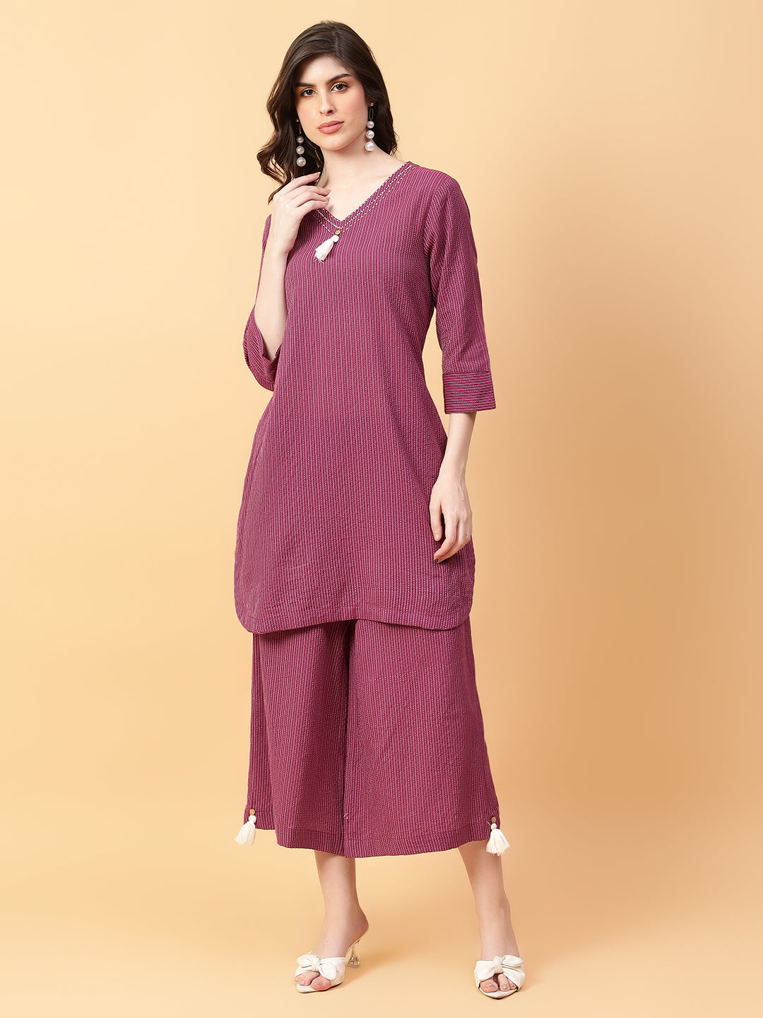 Purple Cotton Khatha & Hand Work Co-ord Set (Set of 2)