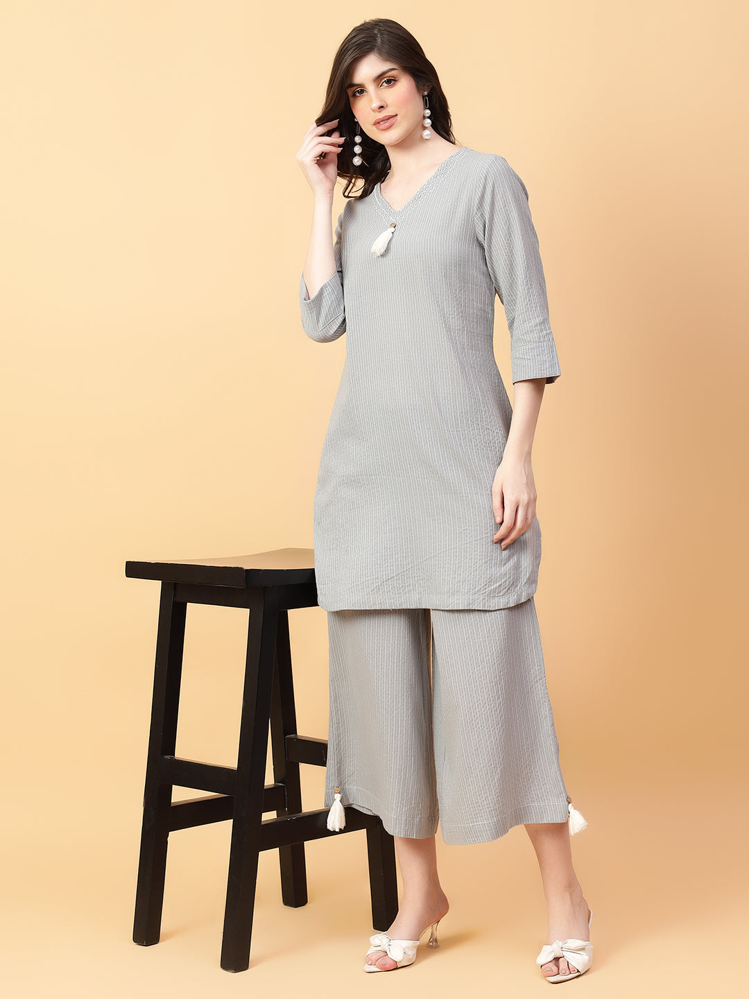 Grey Cotton Khatha & Hand Work Co-ord Set (Set of 2)