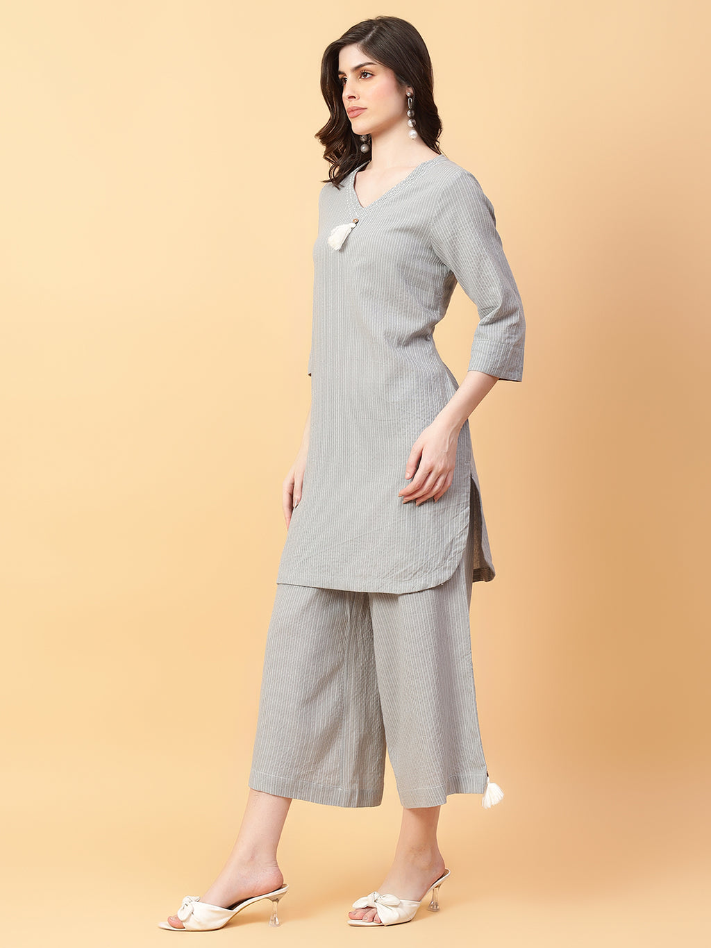Grey Cotton Khatha & Hand Work Co-ord Set (Set of 2)