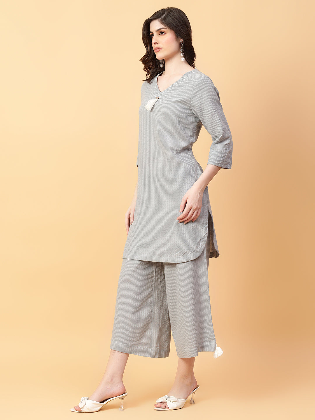 Grey Cotton Khatha & Hand Work Co-ord Set (Set of 2)