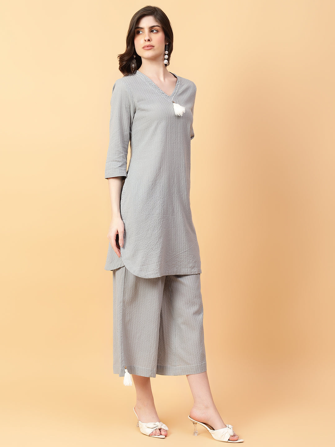 Grey Cotton Khatha & Hand Work Co-ord Set (Set of 2)