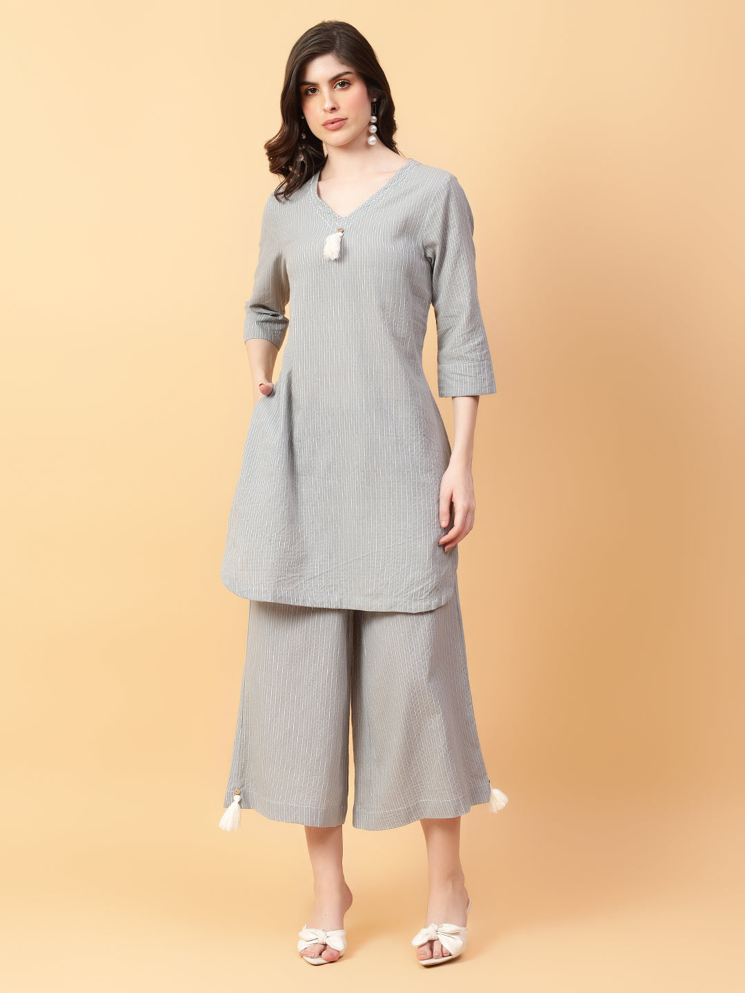 Grey Cotton Khatha & Hand Work Co-ord Set (Set of 2)
