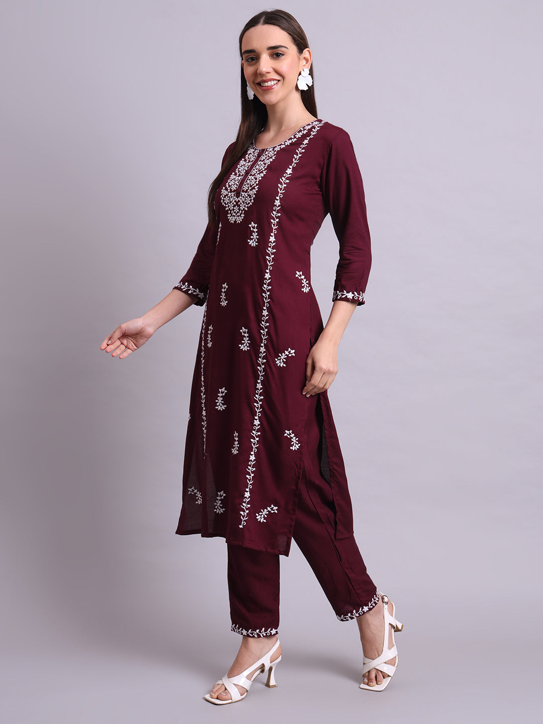 Maroon Cotton & Embroidery Work Kurta With Pant Set