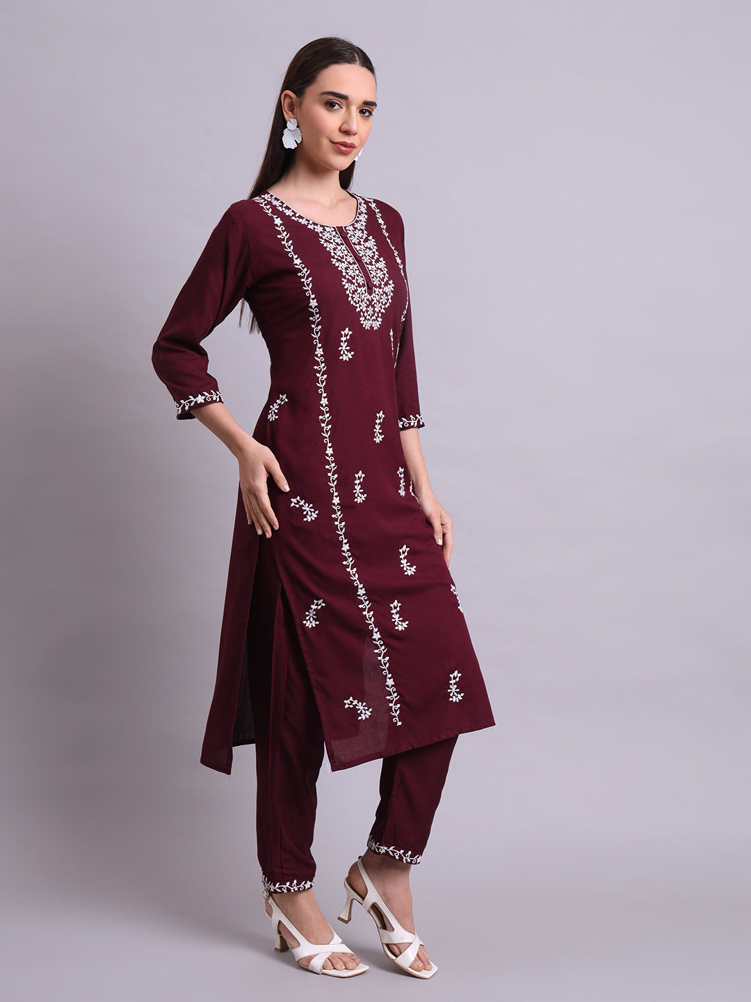 Maroon Cotton & Embroidery Work Kurta With Pant Set