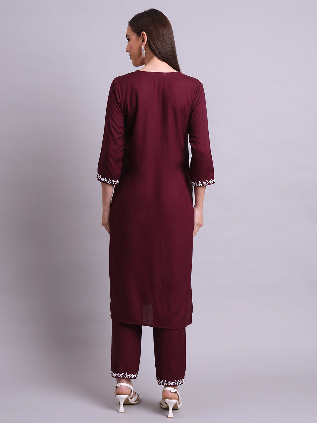 Maroon Cotton & Embroidery Work Kurta With Pant Set