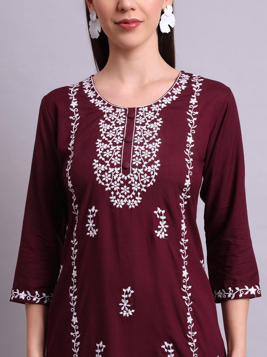 Maroon Cotton & Embroidery Work Kurta With Pant Set