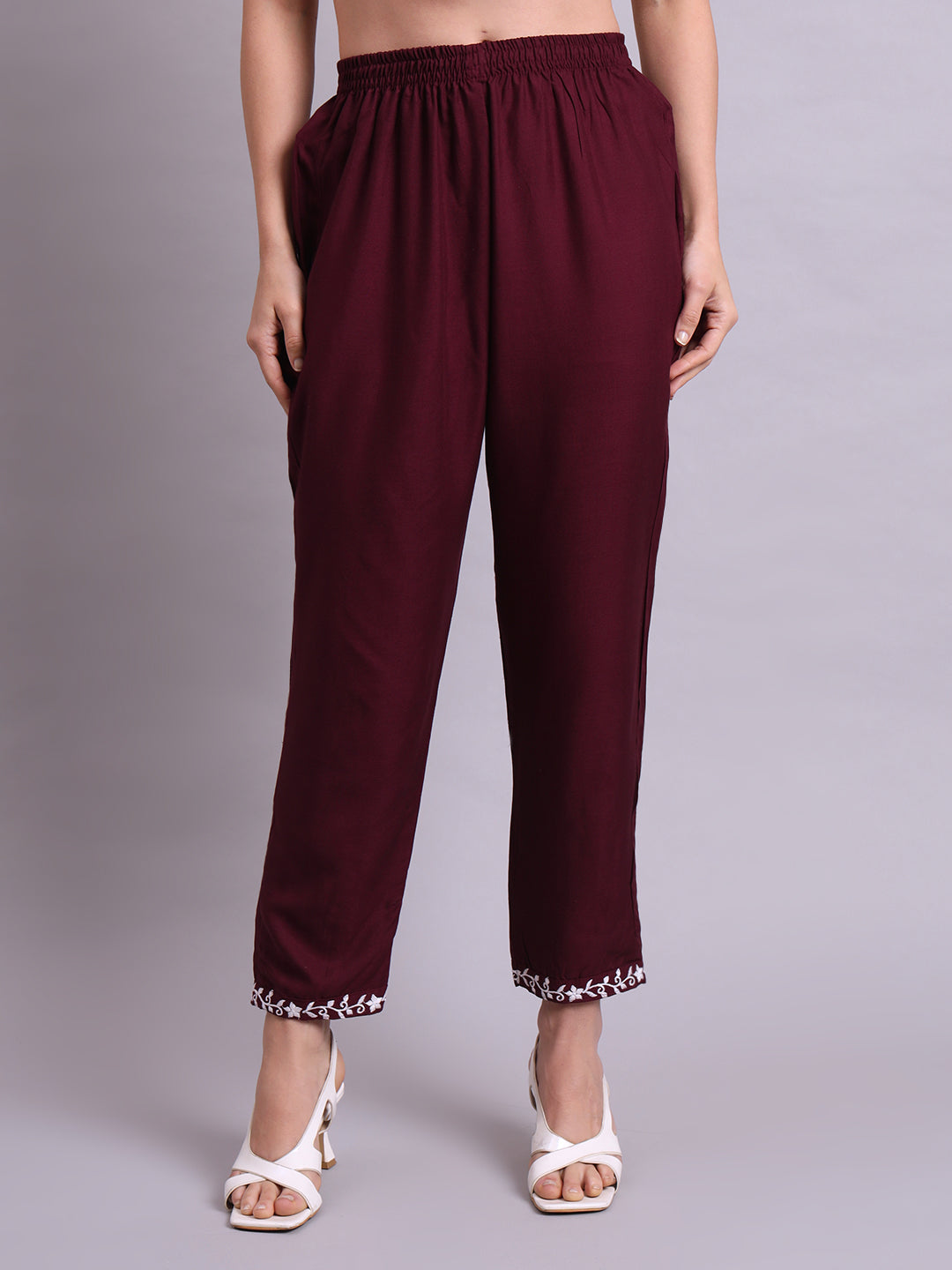 Maroon Cotton & Embroidery Work Kurta With Pant Set
