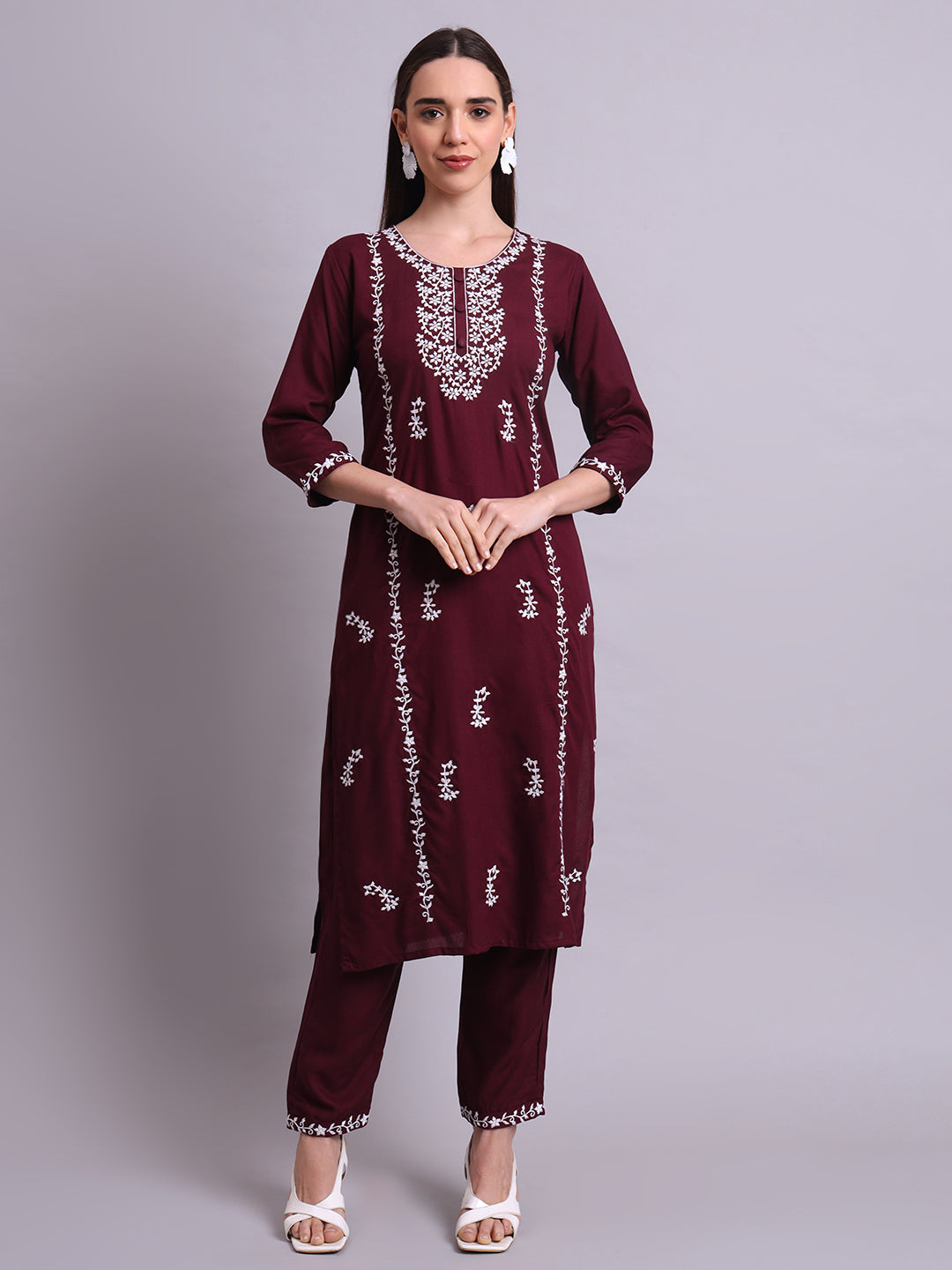 Maroon Cotton & Embroidery Work Kurta With Pant Set