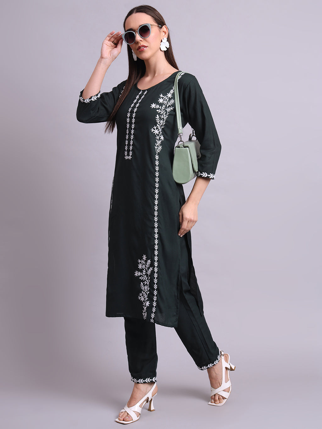 Green Cotton & Embroidery Work Kurta With Pant Set