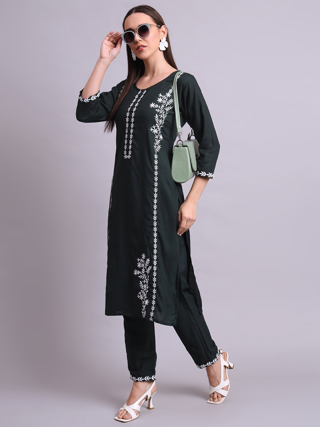 Green Cotton & Embroidery Work Kurta With Pant Set