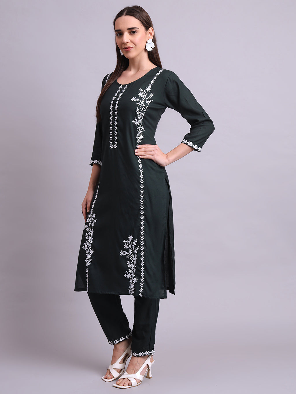 Green Cotton & Embroidery Work Kurta With Pant Set