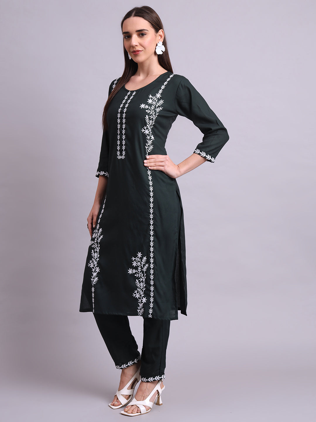 Green Cotton & Embroidery Work Kurta With Pant Set