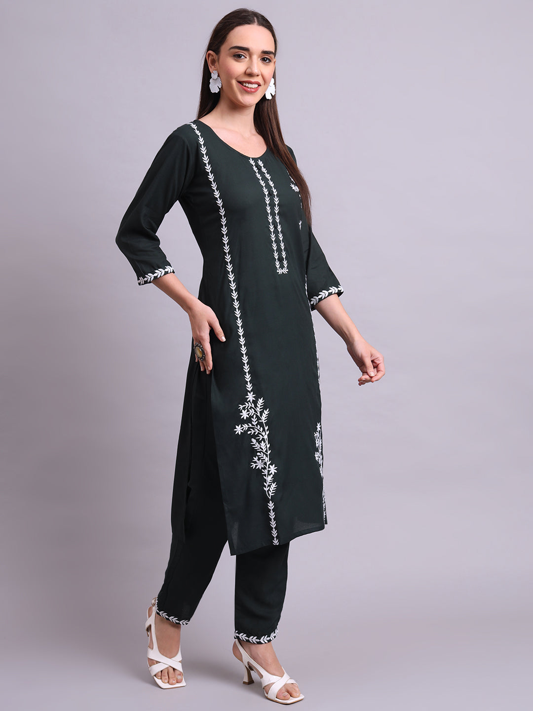 Green Cotton & Embroidery Work Kurta With Pant Set