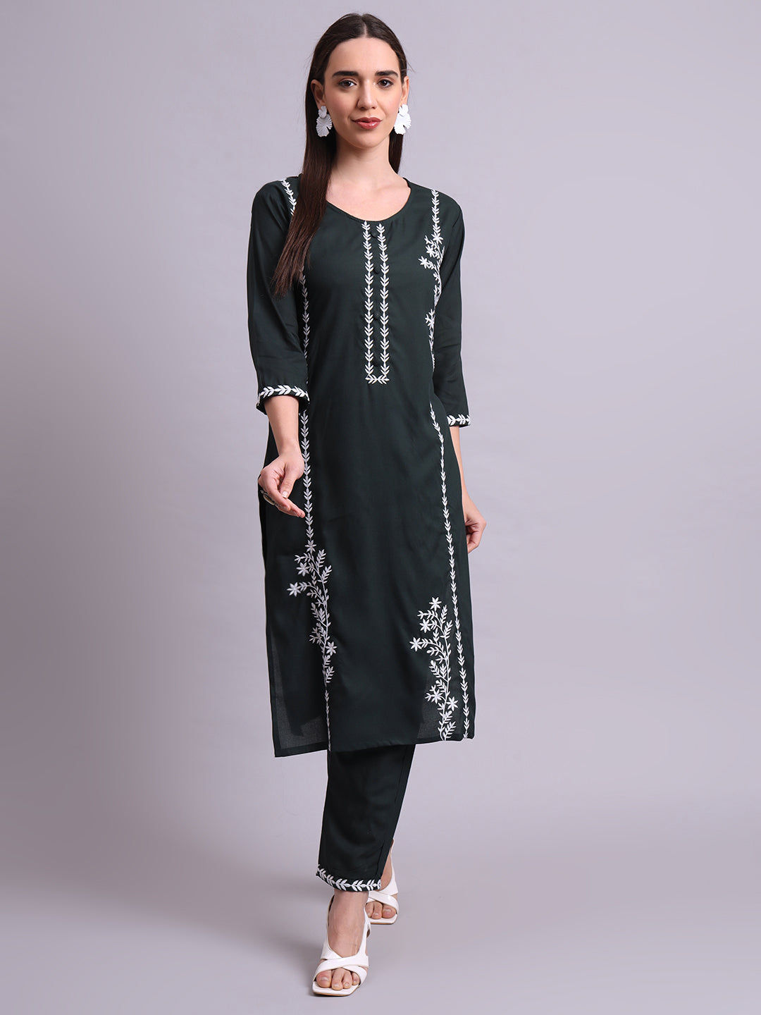 Green Cotton & Embroidery Work Kurta With Pant Set