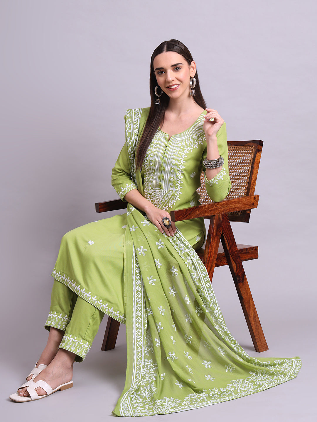 Green Cotton & Embroidery Work Kurta With Pant Sets with dupatta