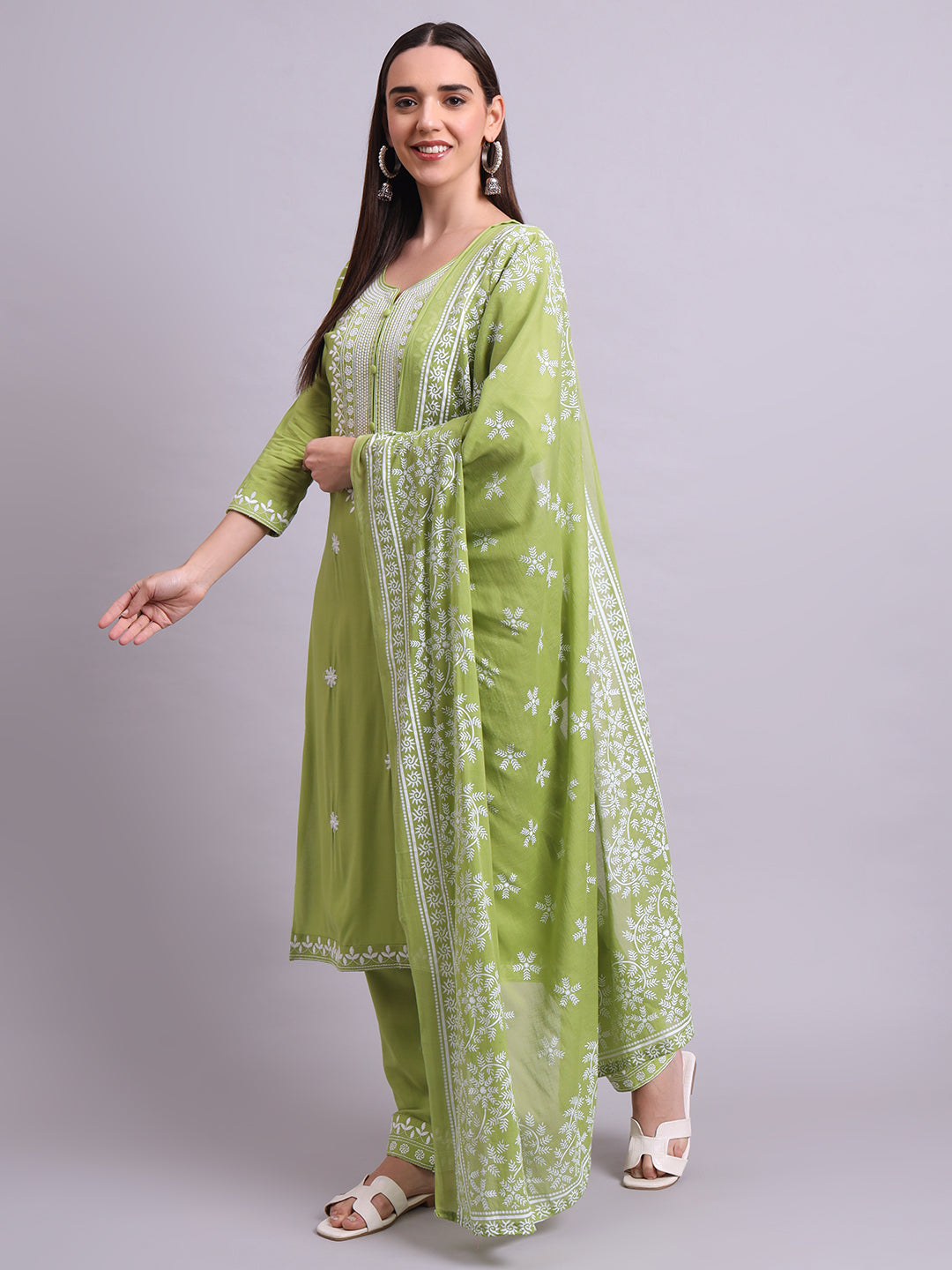 Green Cotton & Embroidery Work Kurta With Pant Sets with dupatta