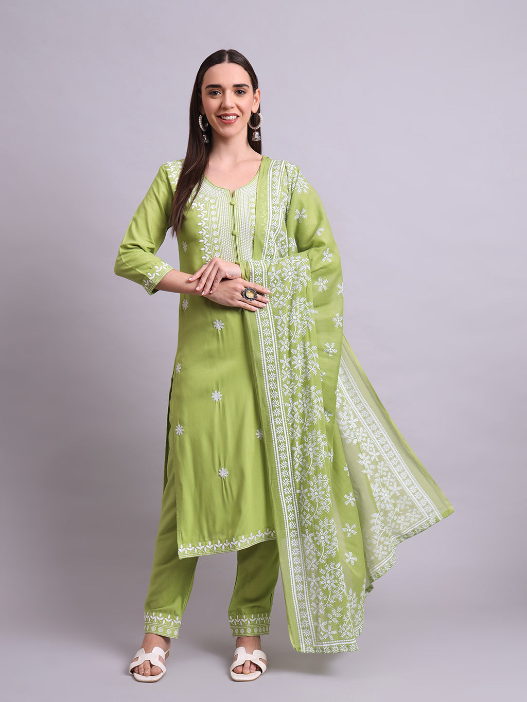 Green Cotton & Embroidery Work Kurta With Pant Sets with dupatta